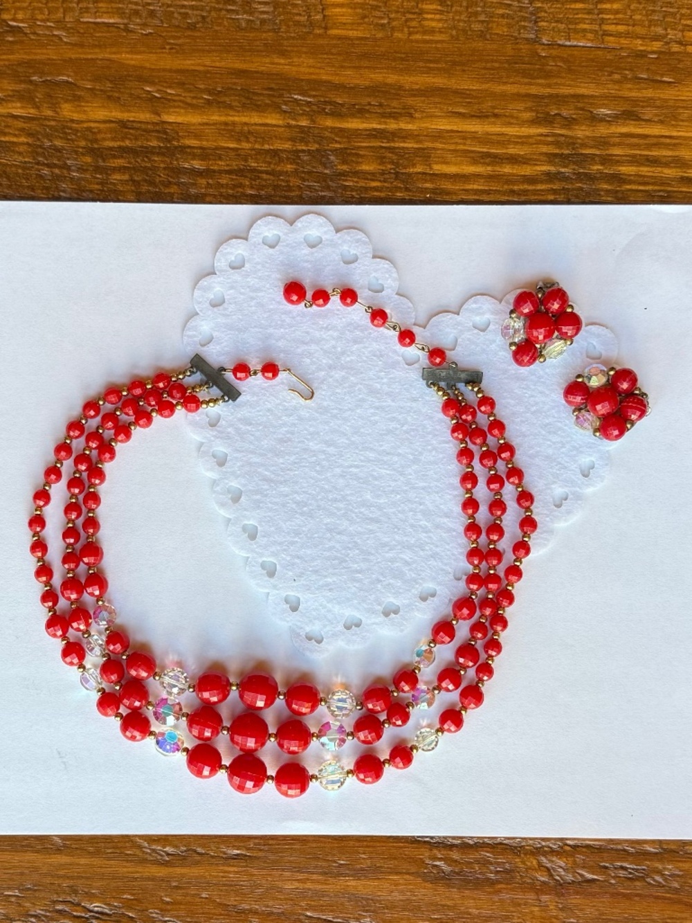 Vintage Mid-Century 3-Strand Red Bead Necklace & Matching Cluster Earrings Set
